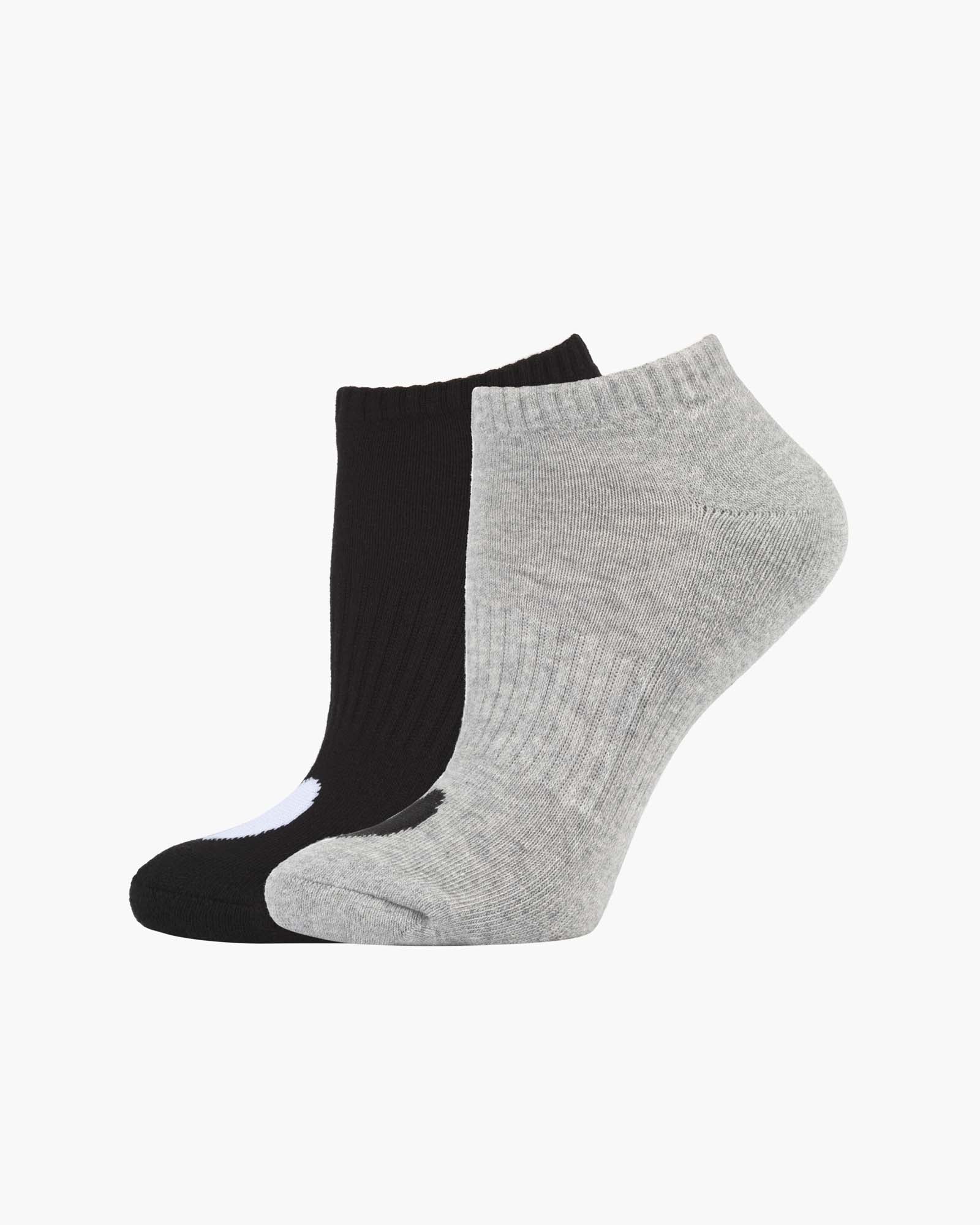 Two pairs of ankle socks, one black and one grey, with love heart print design 