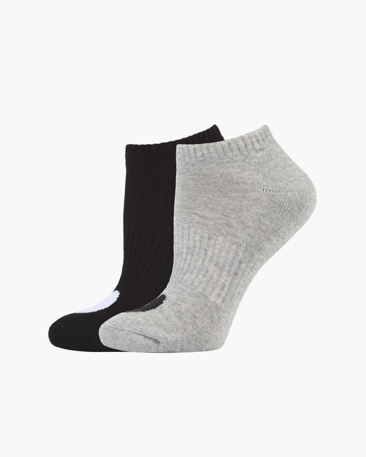 Two pairs of ankle socks, one black and one grey, with love heart print design 