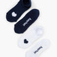 Two pairs of ankle socks, one navy and one white, with love heart print design