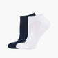 Two pairs of ankle socks, one navy and one white, with love heart print design