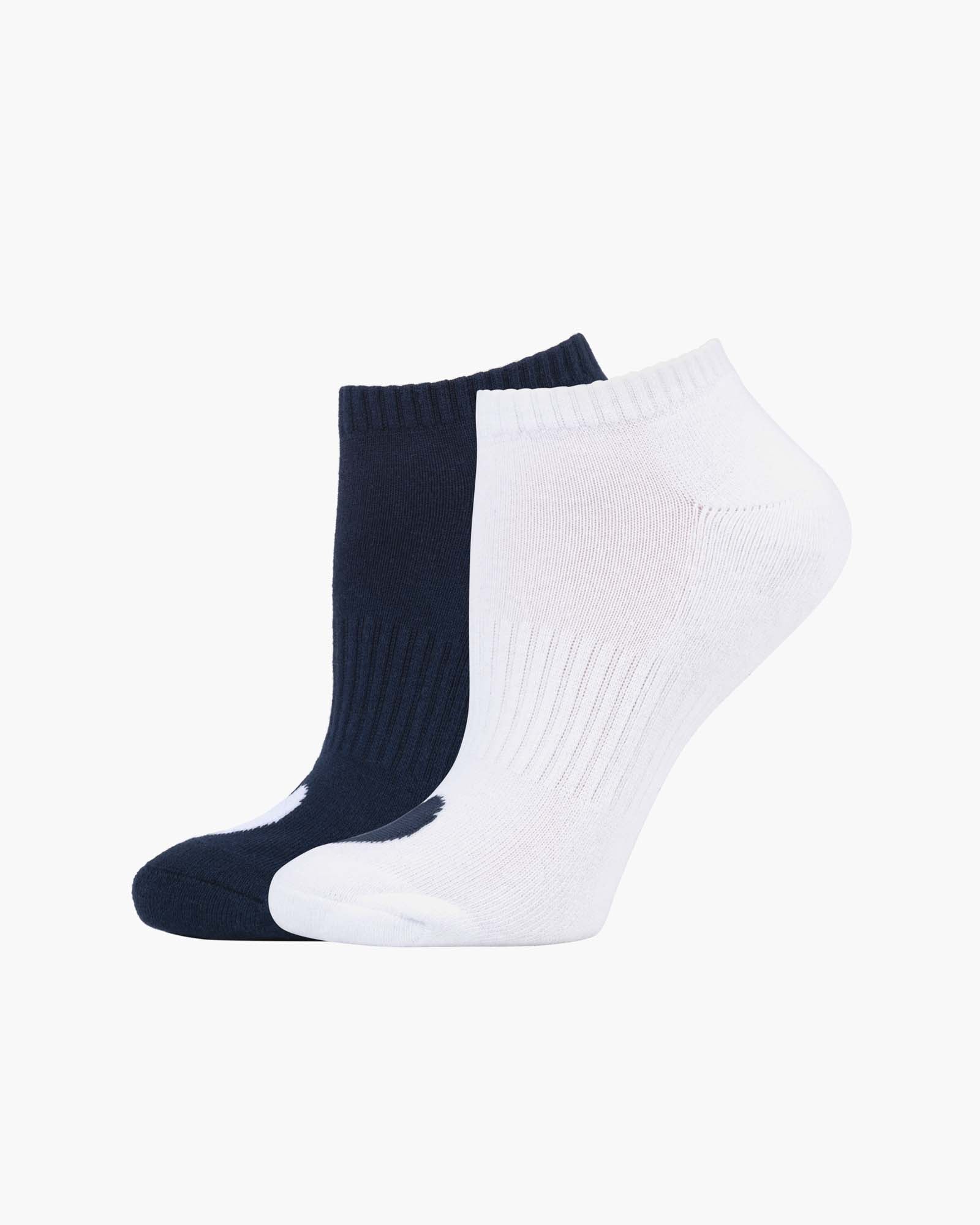 Two pairs of ankle socks, one navy and one white, with love heart print design
