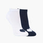 Two pairs of ankle socks, one navy and one white, with love heart print design