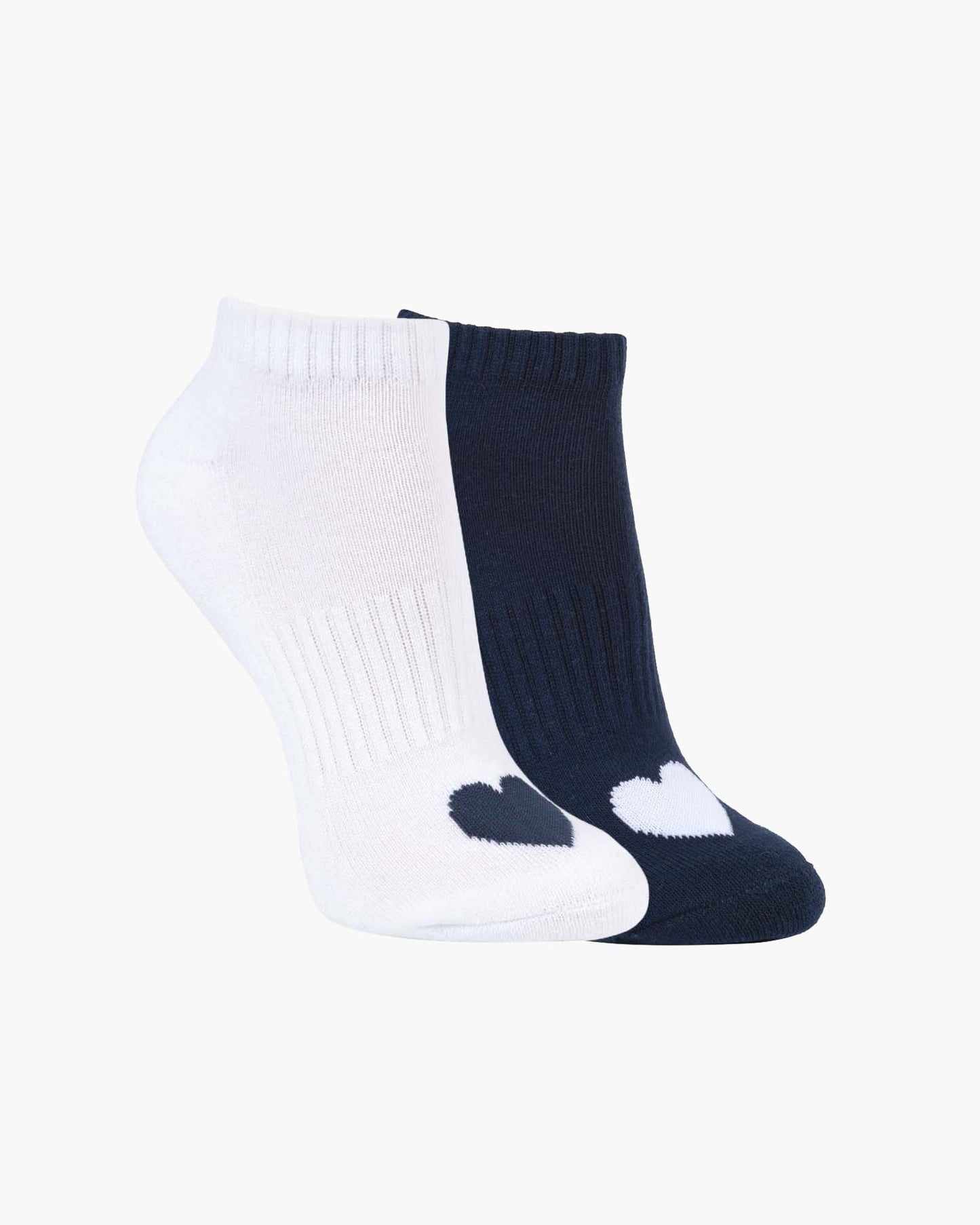 Two pairs of ankle socks, one navy and one white, with love heart print design