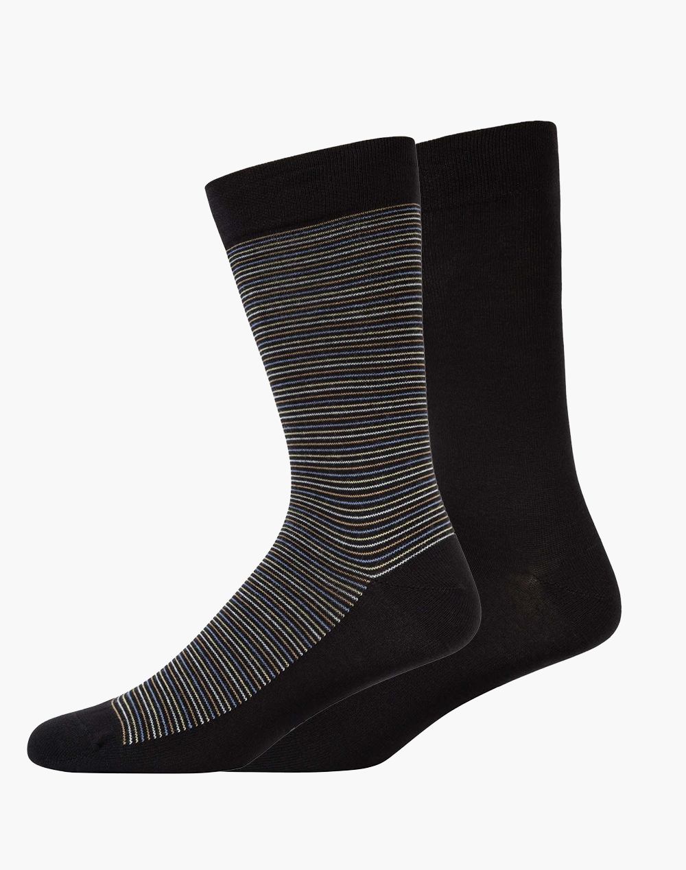 Two pairs of socks one striped and one plain sock in black
