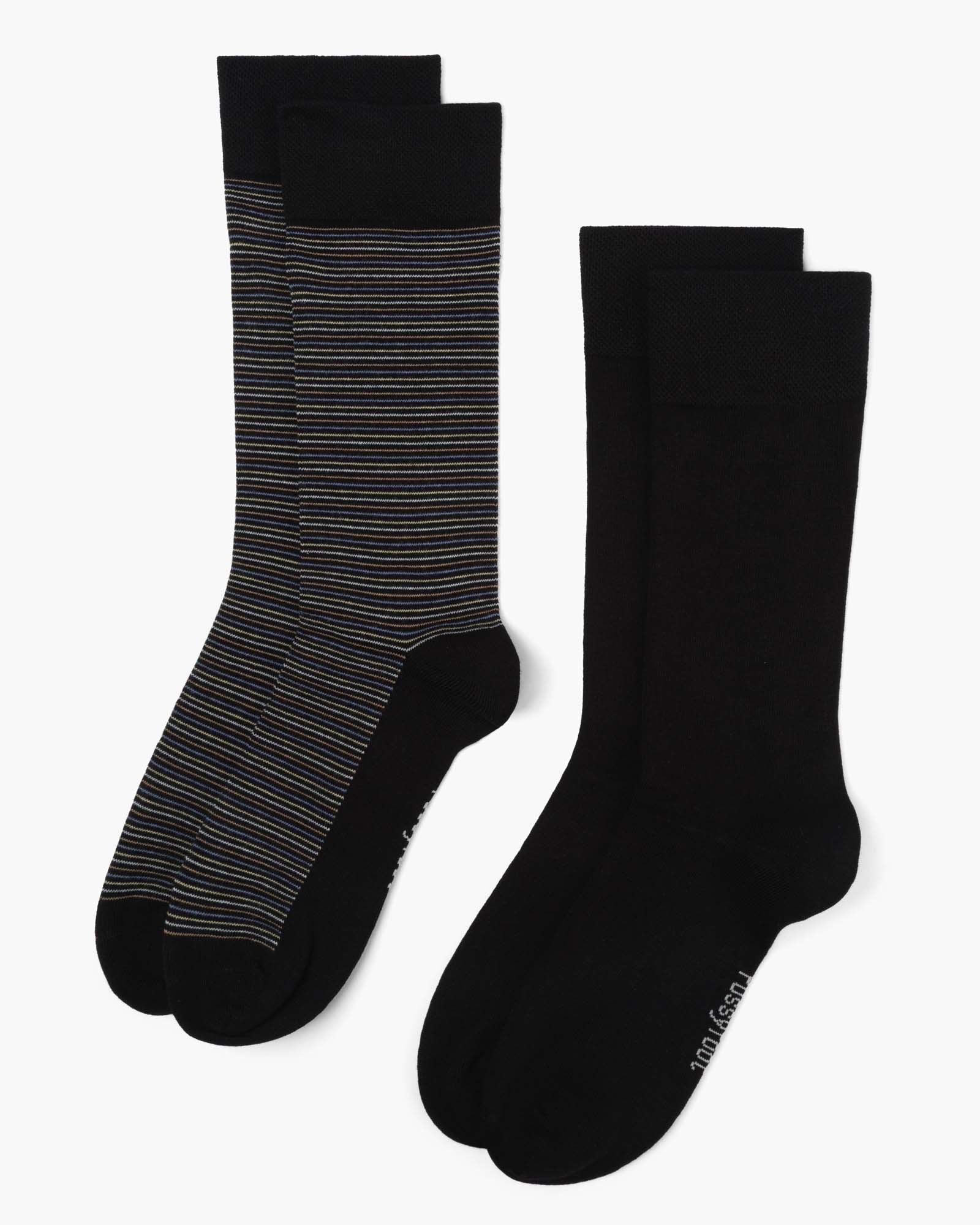 Two pairs of socks one striped and one plain sock in black