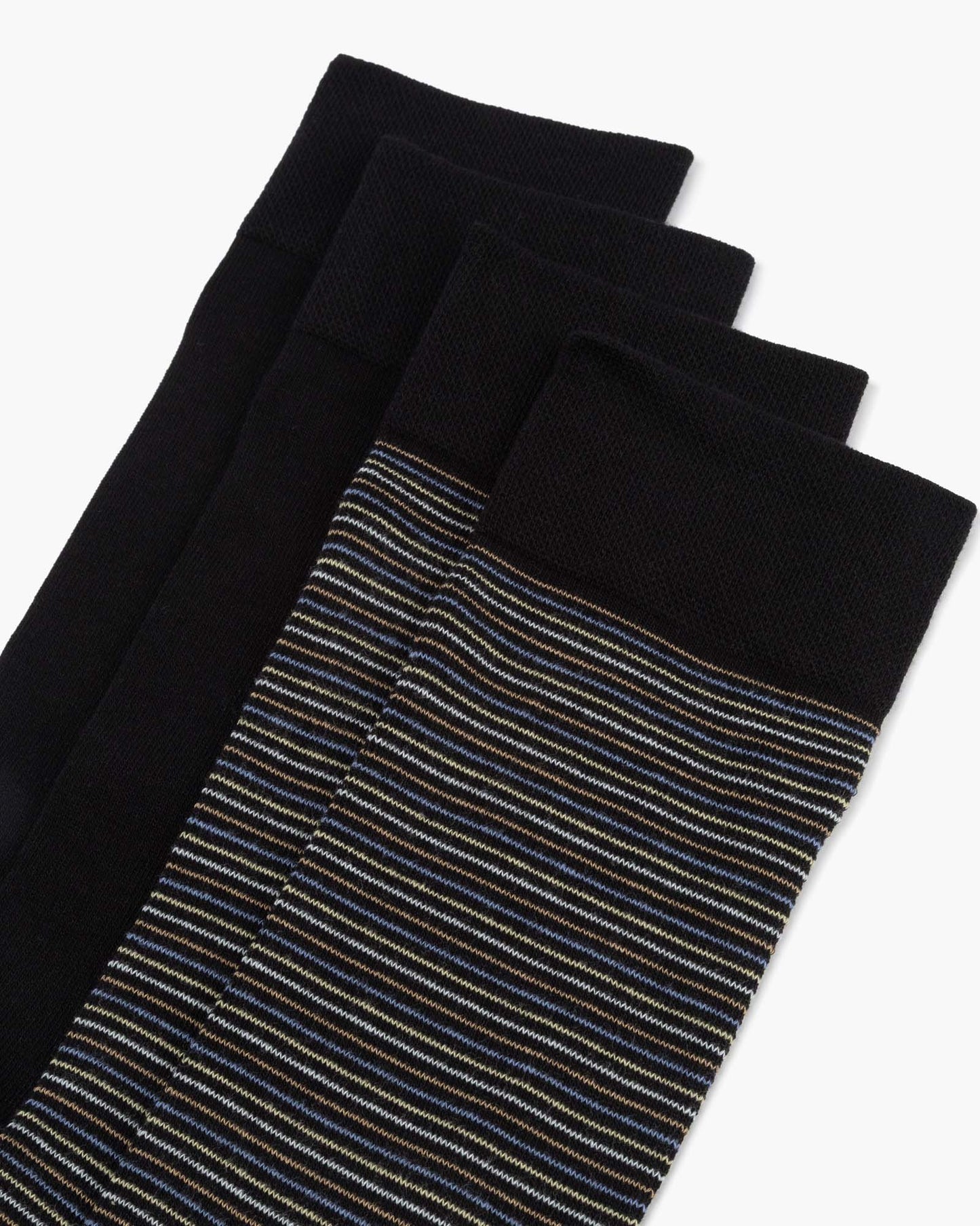Two pairs of socks one striped and one plain sock in black