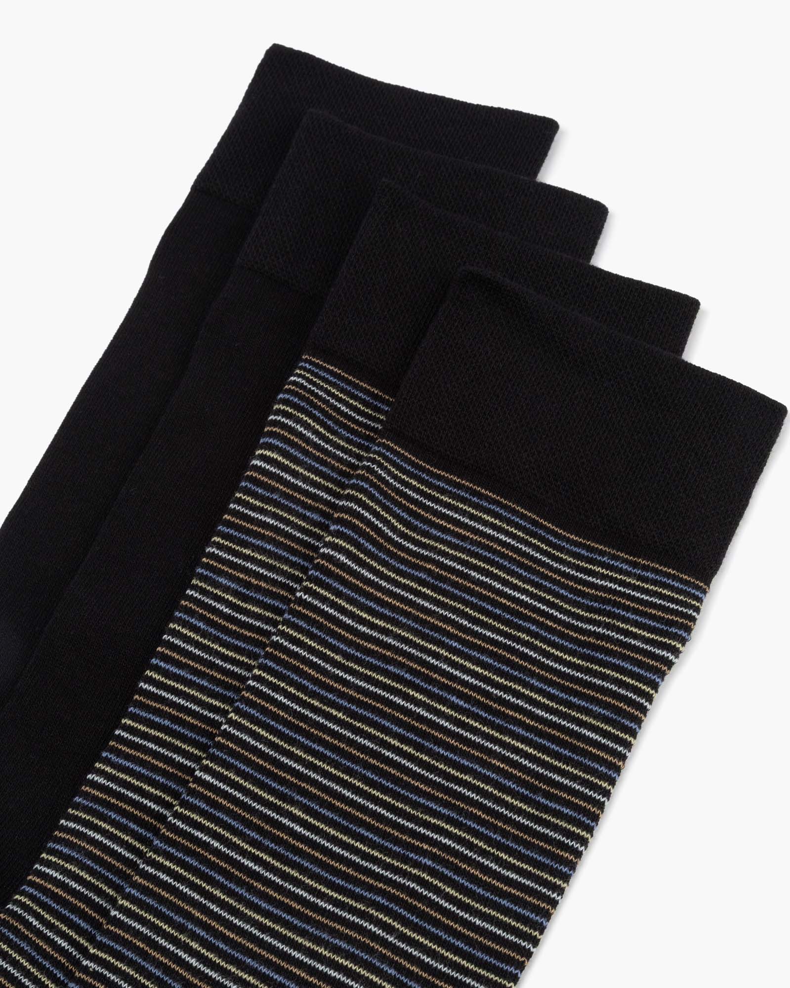 Two pairs of socks one striped and one plain sock in black