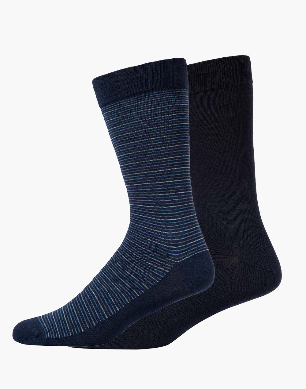 Two pairs of socks one striped and one plain sock in navy