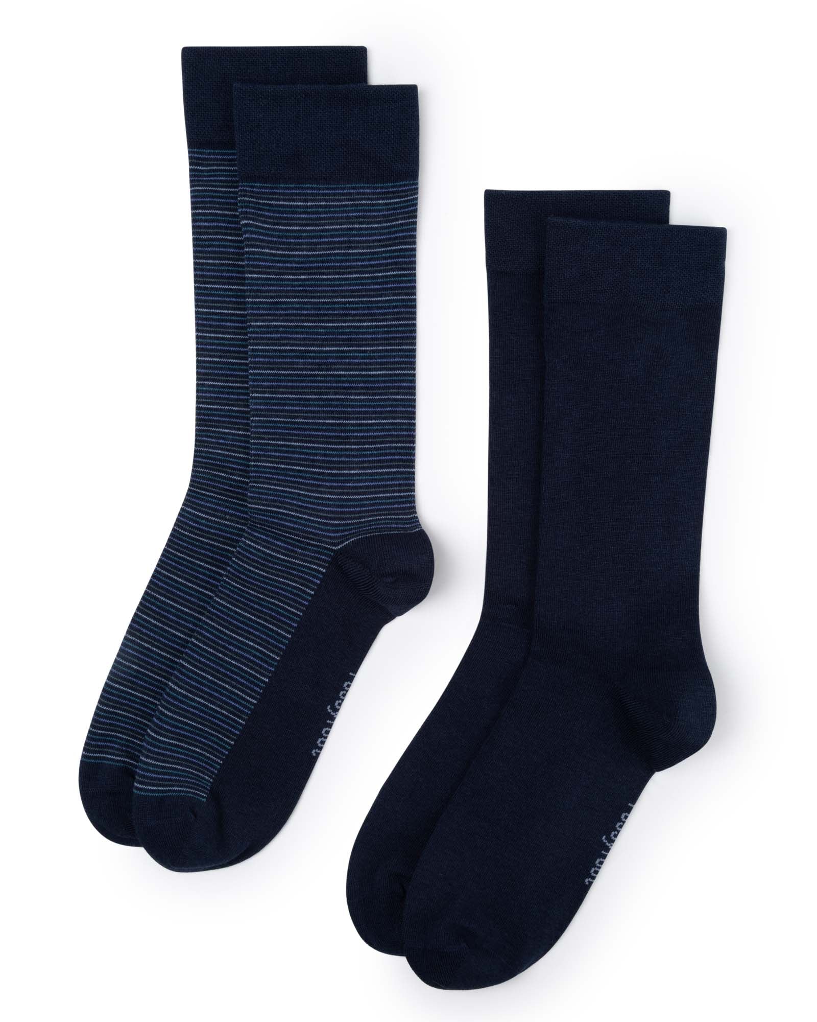 Two pairs of socks one striped and one plain sock in navy