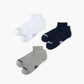 Three pairs of sport ankle socks in white, grey, and navy