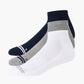 Three pairs of sport ankle socks in white, grey, and navy