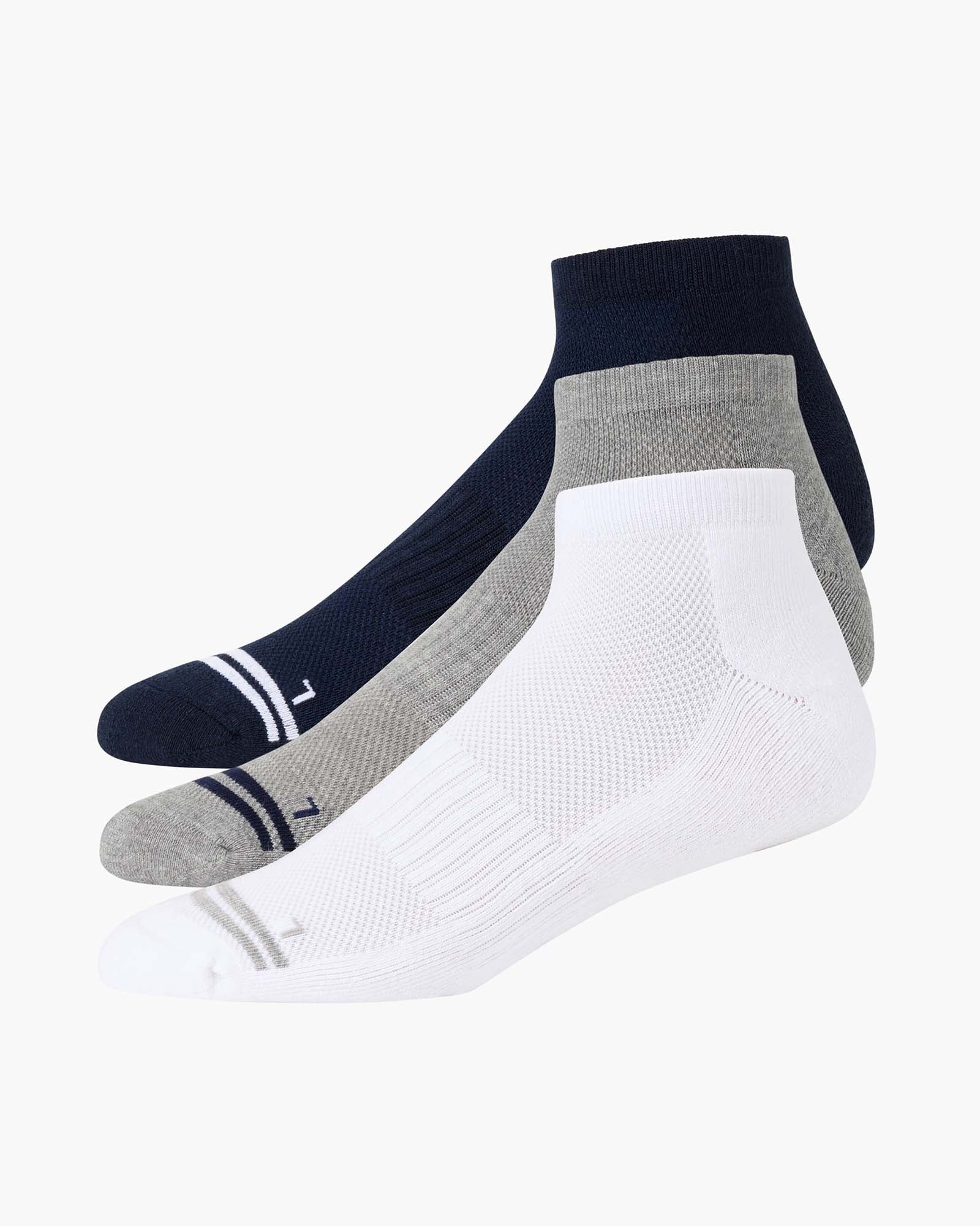Three pairs of sport ankle socks in white, grey, and navy