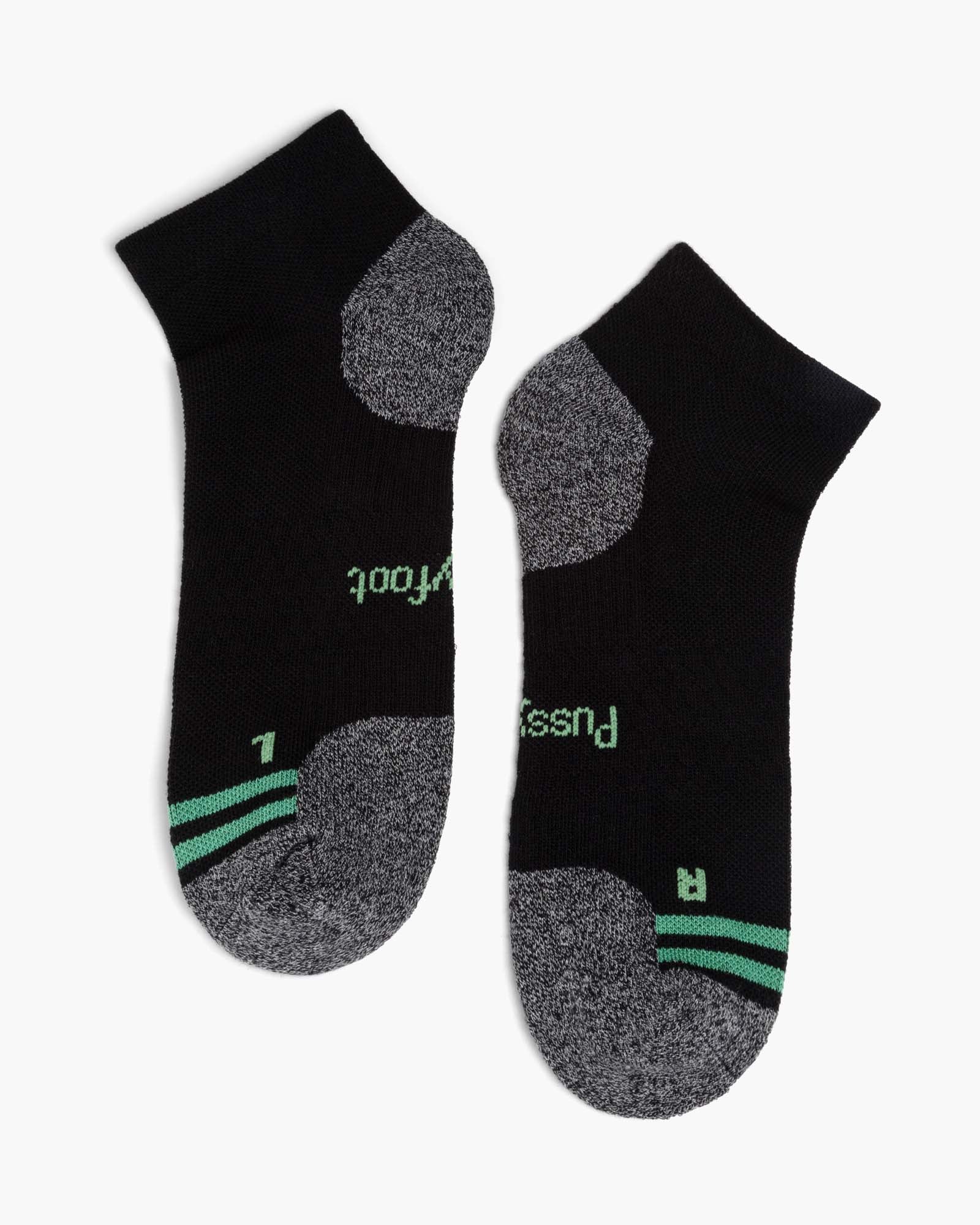 Three pairs of sport ankle socks in black, grey, and white