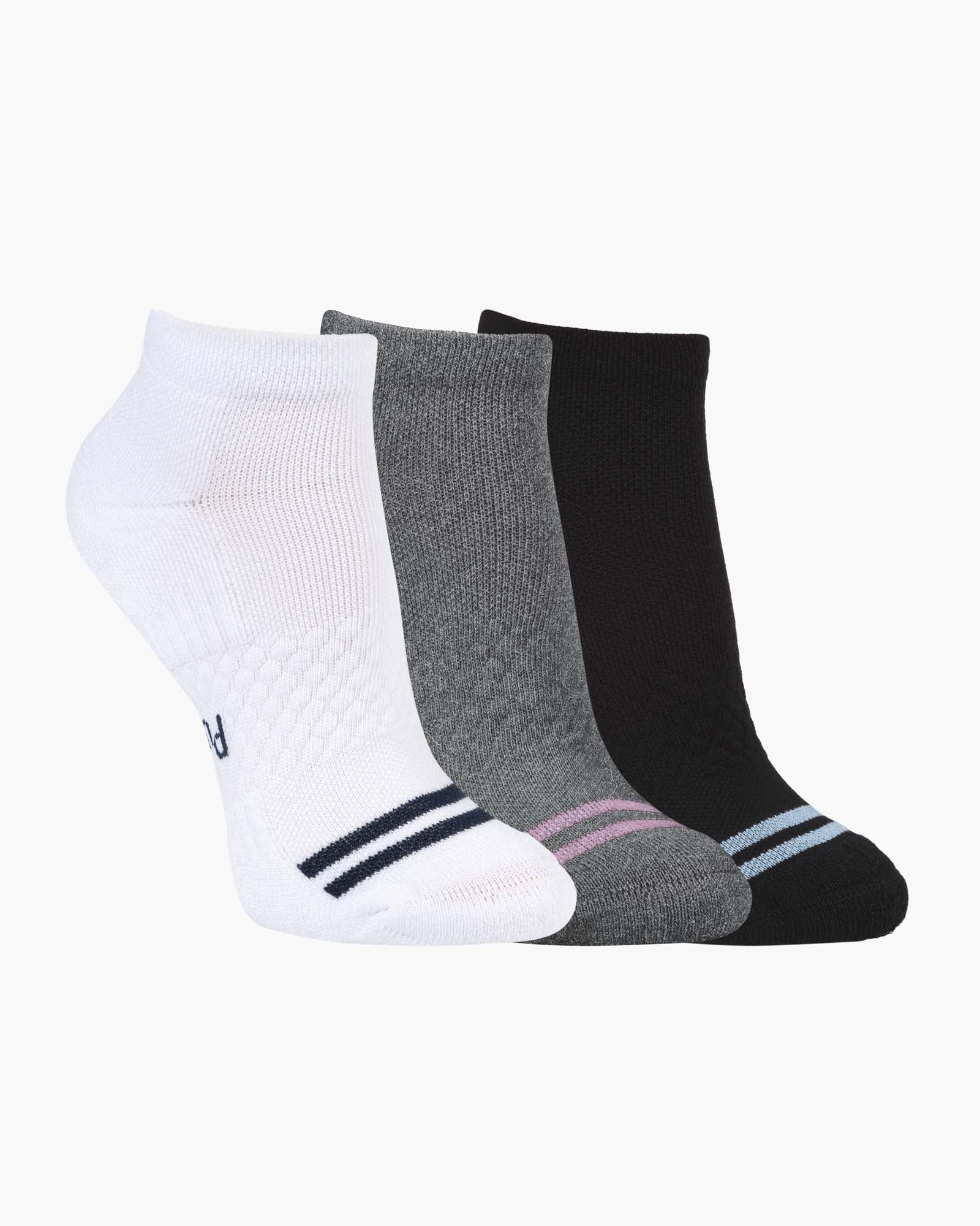 Three pairs of sport ankle socks in black, grey, and white