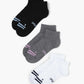 Three pairs of sport ankle socks in black, grey, and white
