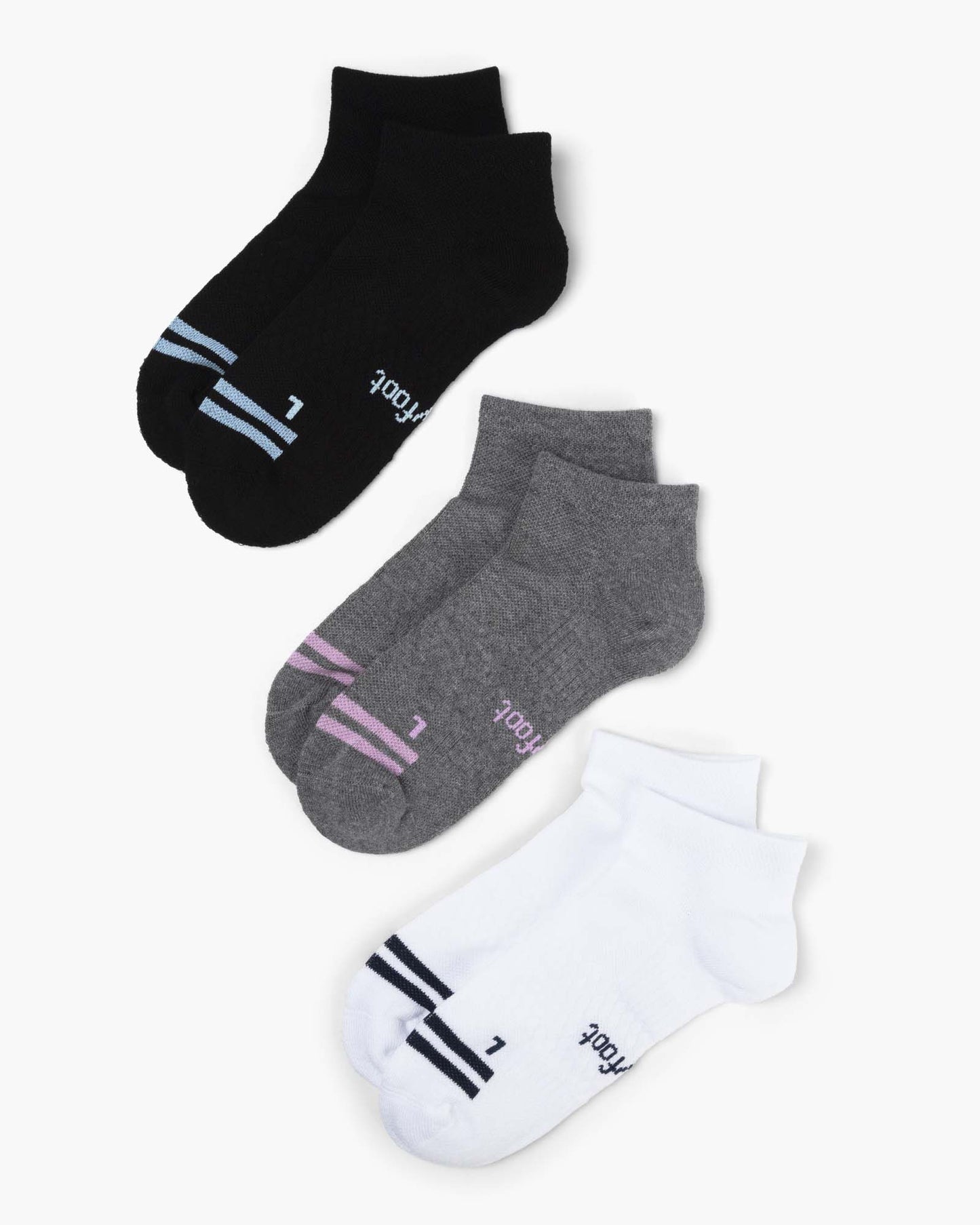 Three pairs of sport ankle socks in black, grey, and white