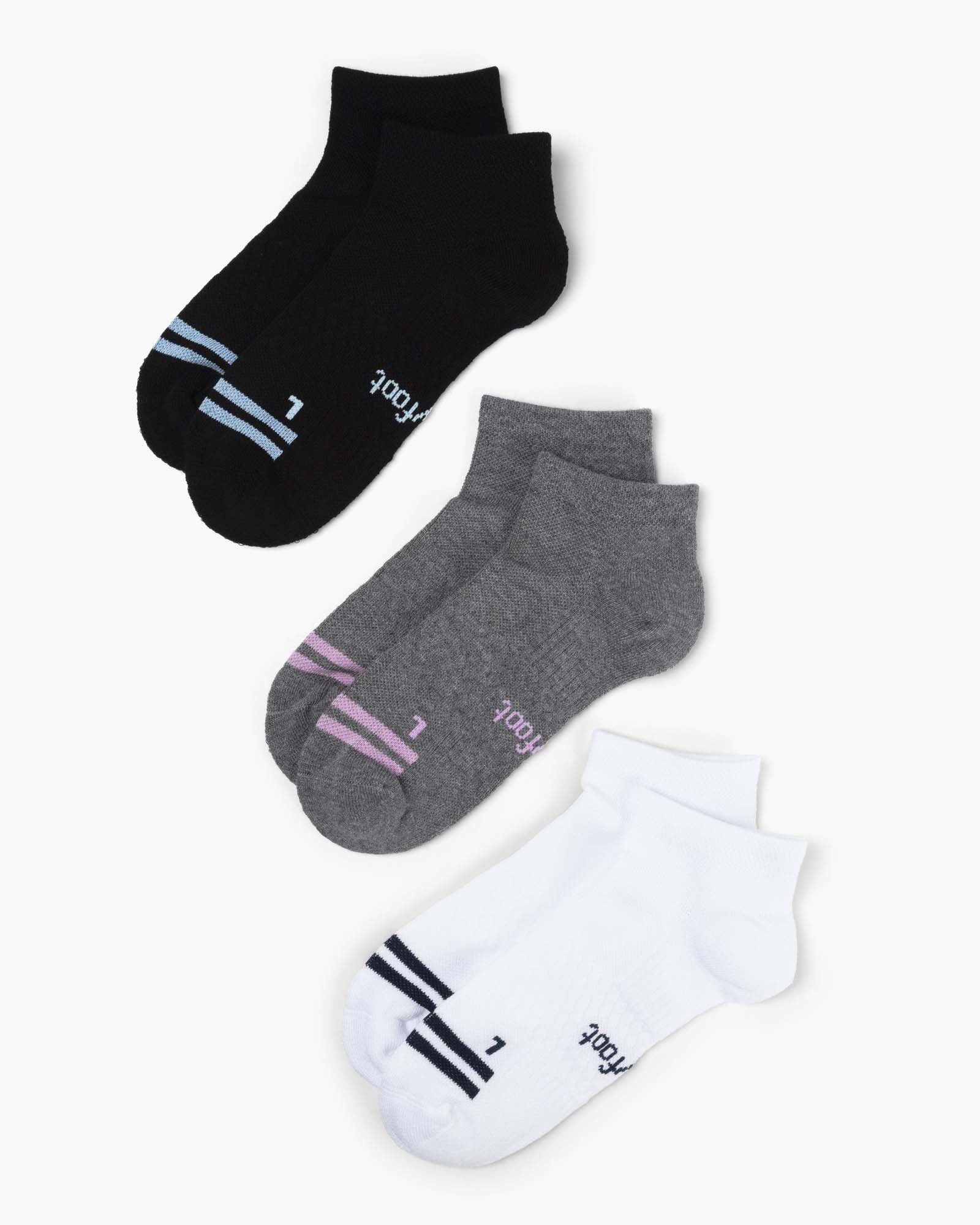 Three pairs of sport ankle socks in black, grey, and white
