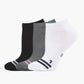 Three pairs of sport ankle socks in black, grey, and white