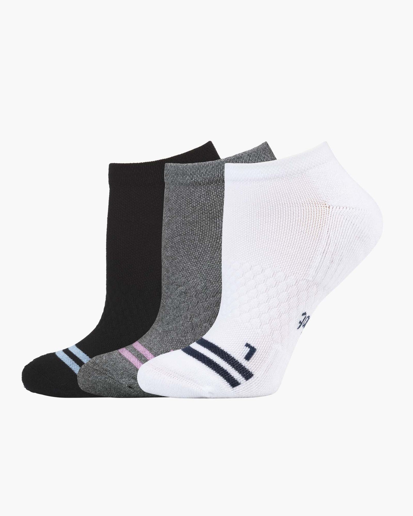 Three pairs of sport ankle socks in black, grey, and white