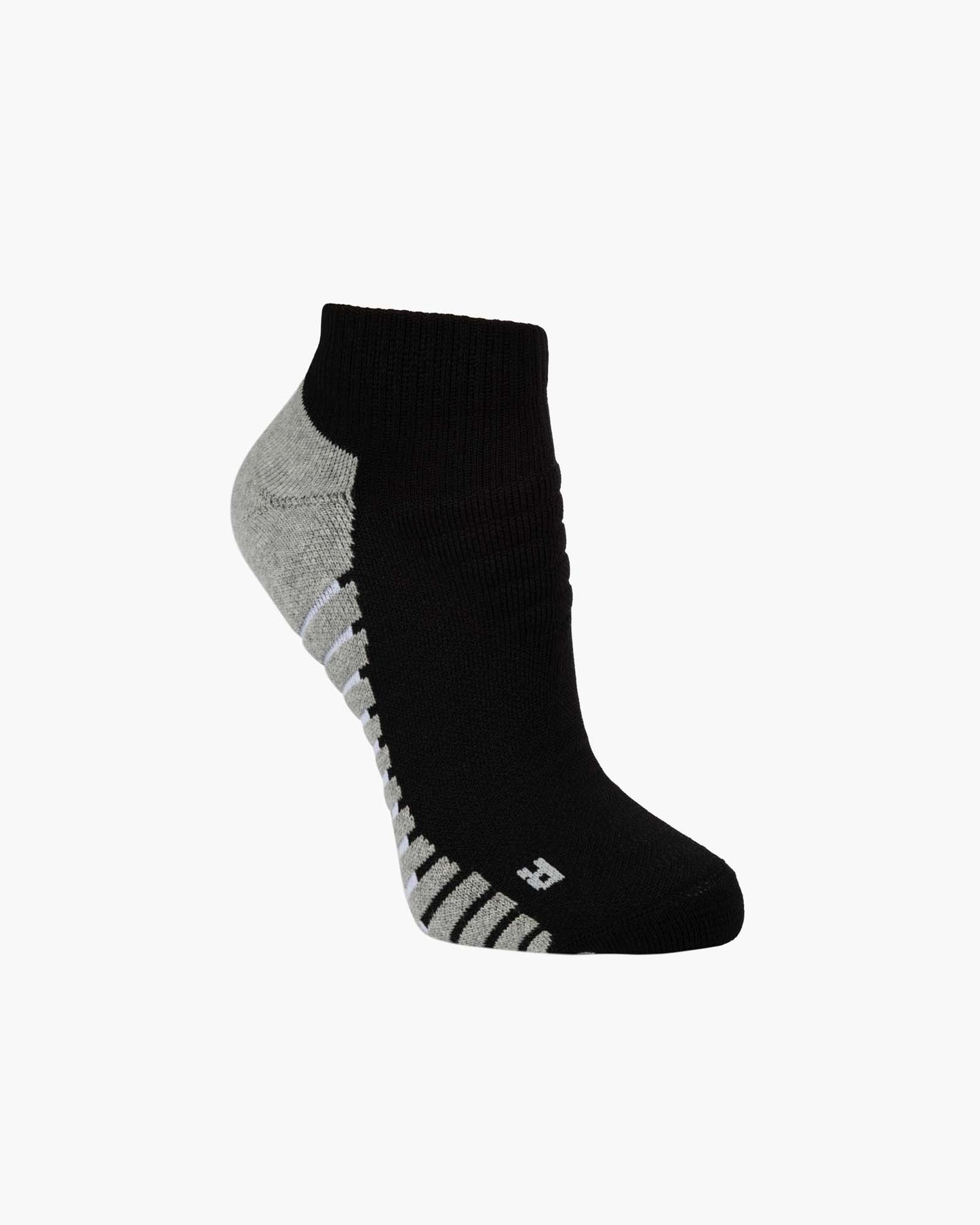 A single low-cut ankle sport sock in black with grey accents on the heel