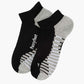 A single low-cut ankle sport sock in black with grey accents on the heel