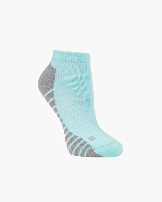 A single low-cut ankle sport sock in light blue with grey accents on the heel