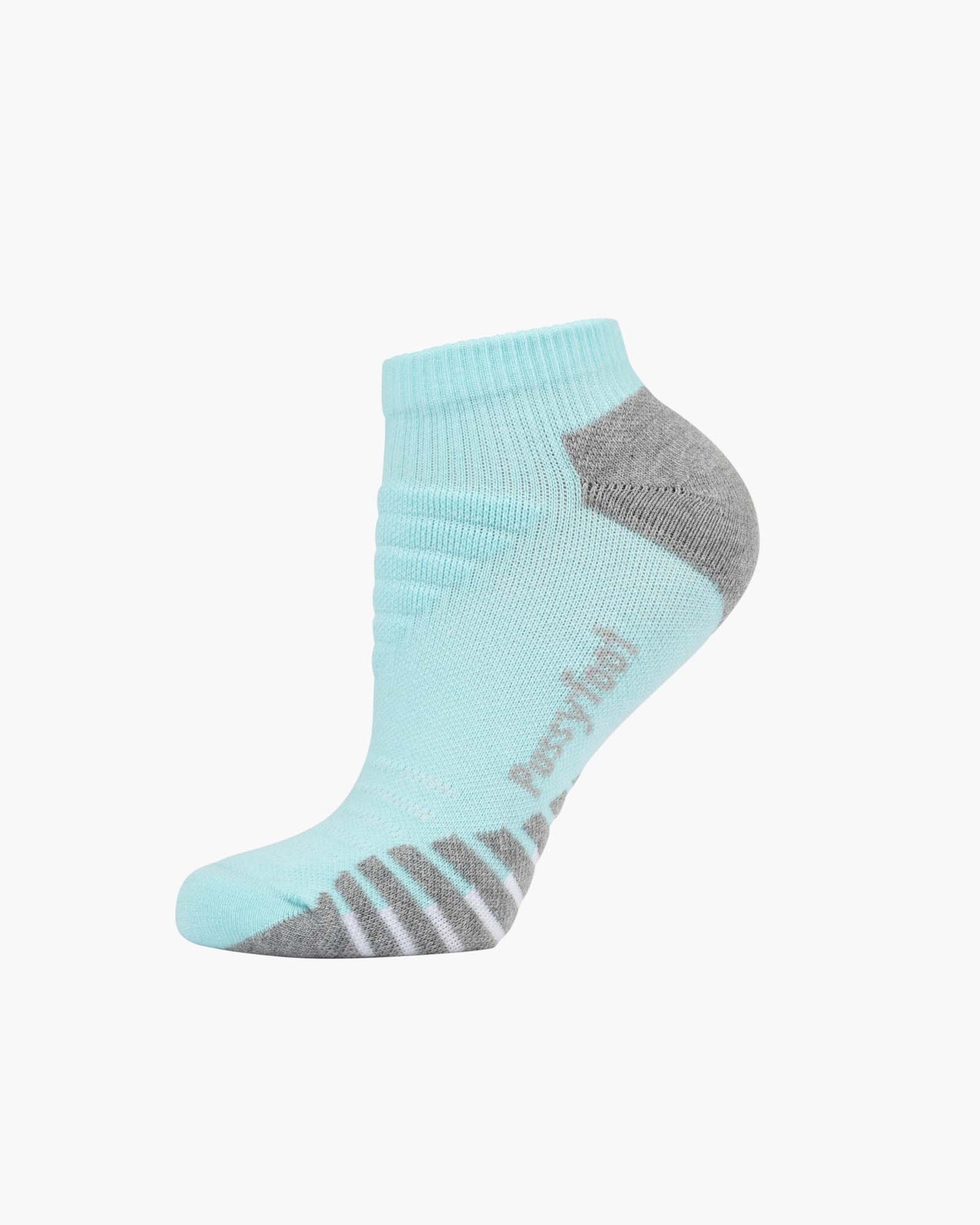 A single low-cut ankle sport sock in light blue with grey accents on the heel
