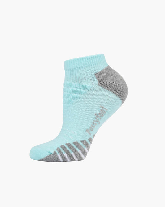 A single low-cut ankle sport sock in light blue with grey accents on the heel