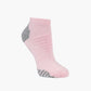 A single low-cut ankle sport sock in pink with grey accents on the heel