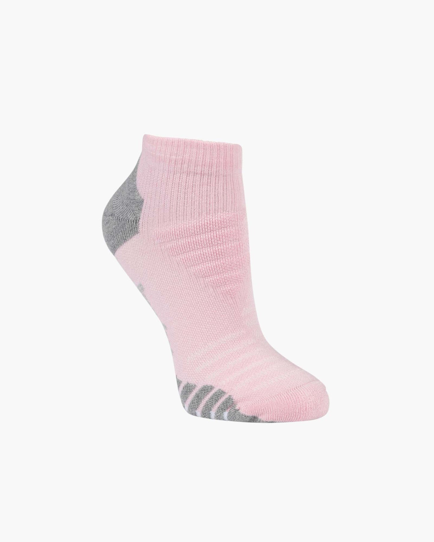 A single low-cut ankle sport sock in pink with grey accents on the heel
