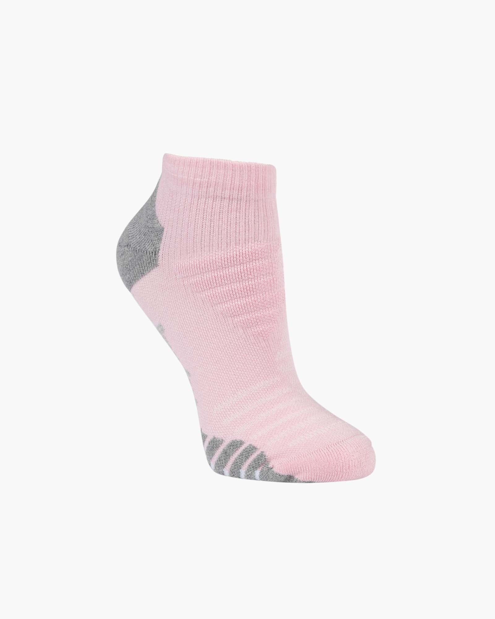 A single low-cut ankle sport sock in pink with grey accents on the heel