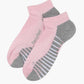 A single low-cut ankle sport sock in pink with grey accents on the heel