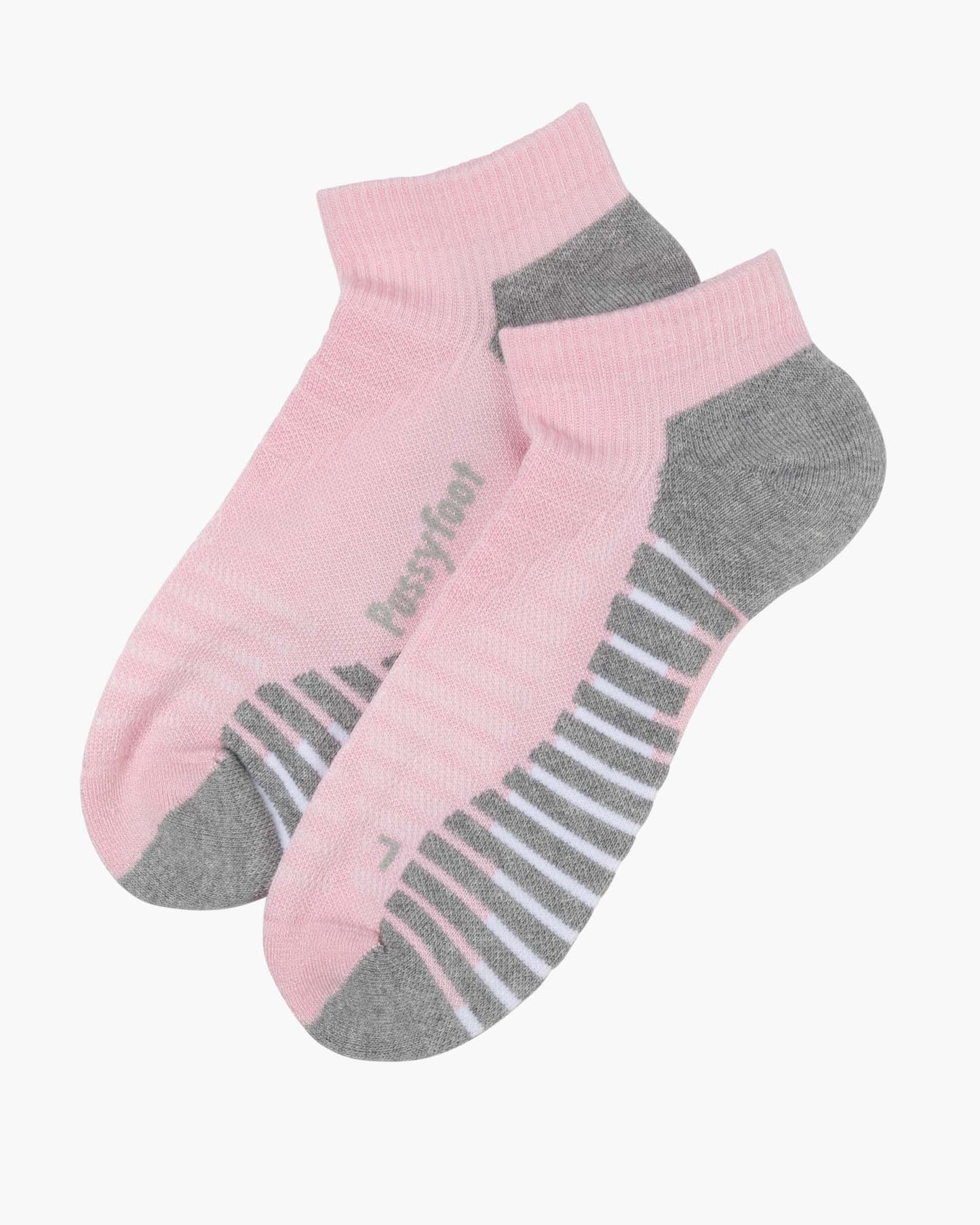 A single low-cut ankle sport sock in pink with grey accents on the heel