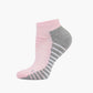 A single low-cut ankle sport sock in pink with grey accents on the heel