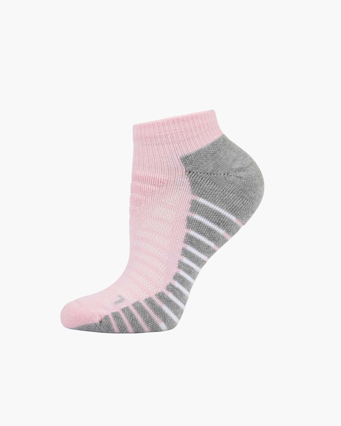 A single low-cut ankle sport sock in pink with grey accents on the heel