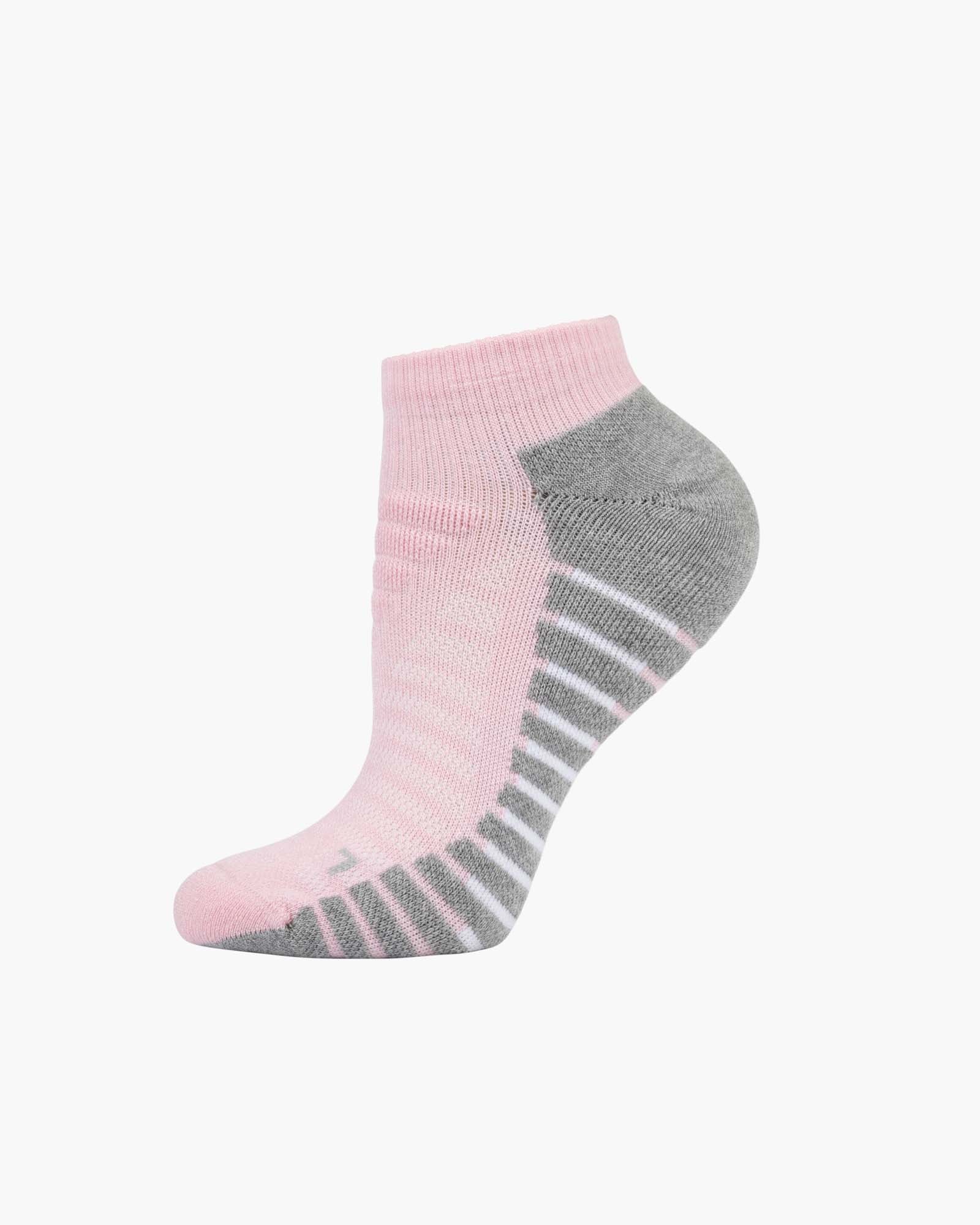 A single low-cut ankle sport sock in pink with grey accents on the heel
