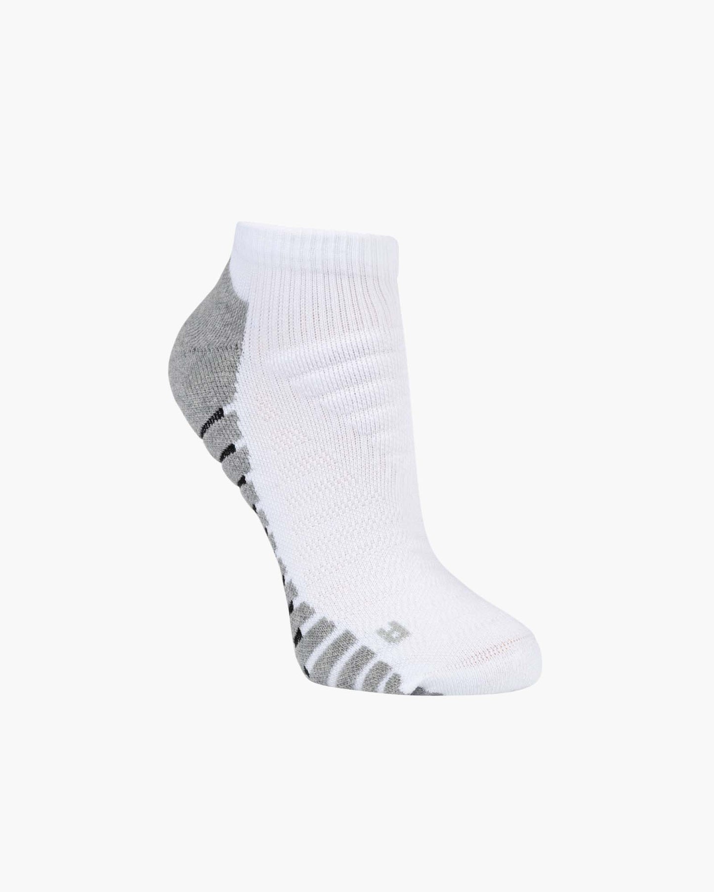 A single low-cut ankle sport sock in white with grey accents on the heel