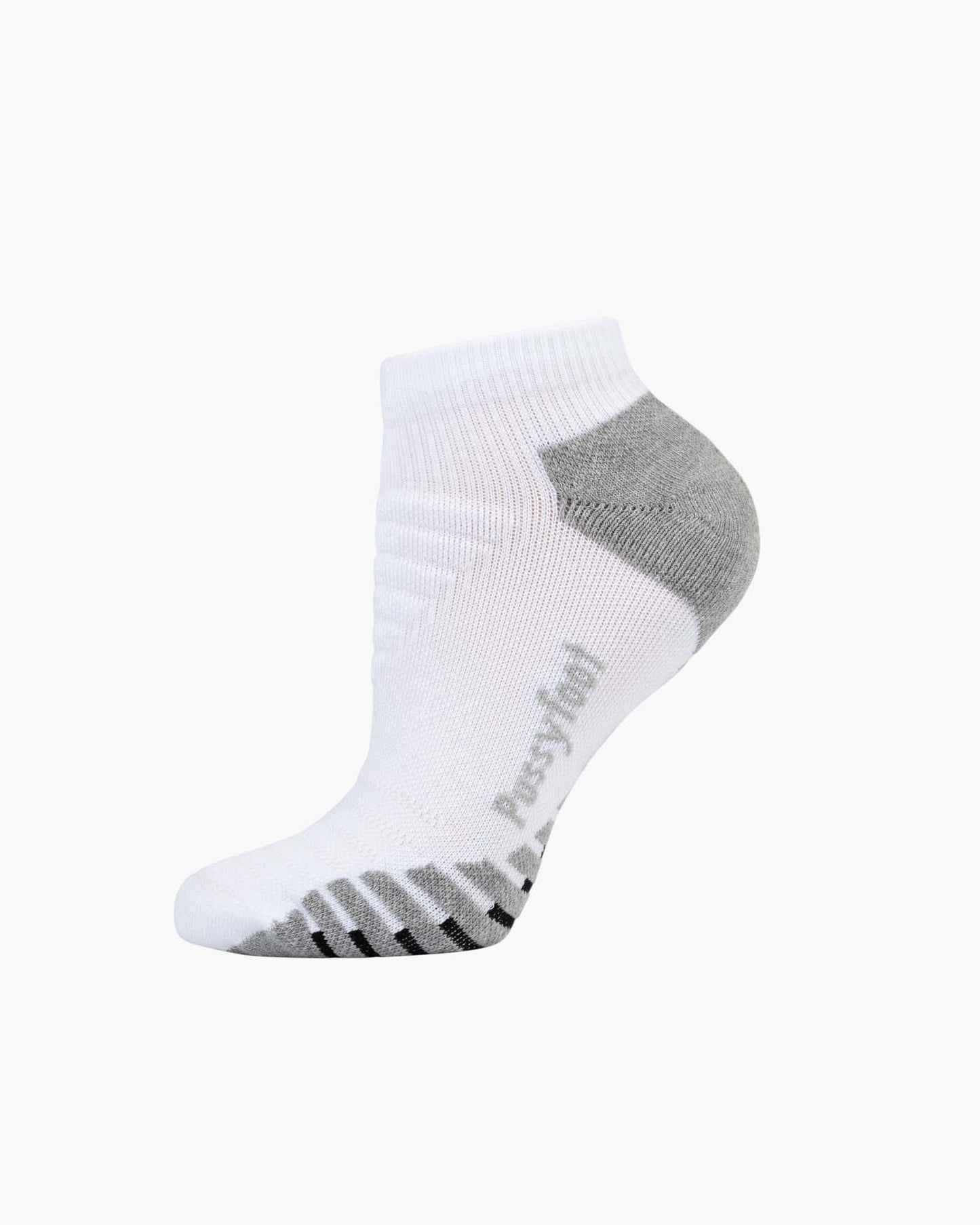 A single low-cut ankle sport sock in white with grey accents on the heel
